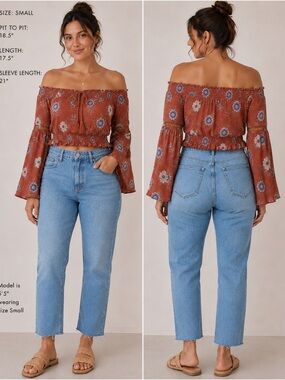 American Eagle Floral Off Shoulder Lace Up Crop Top Small Bell Sleeve